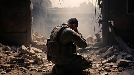 Prayer amidst devastation, soldier finds solace in the ruins of war gaza city - obrazy, fototapety, plakaty