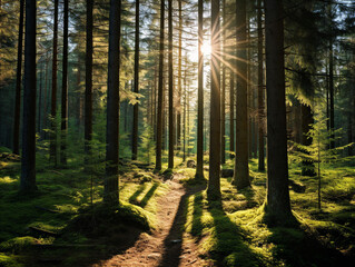 A serene forest of tall pine trees illuminated by soft sunlight, creating a tranquil atmosphere.
