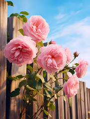 Pink roses on the fence background wallpaper poster PPT