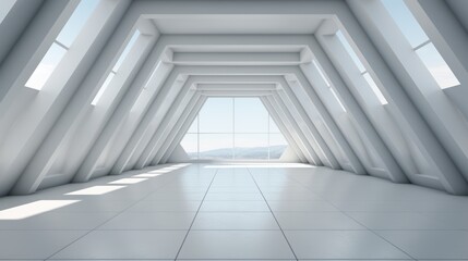 Obraz premium white architectural design,Empty Long Light Corridor. Modern white background. Futuristic Sci-Fi Triangle Tunnel