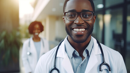 A young man, African American Doctor take a photo with his team, hospital building background. - obrazy, fototapety, plakaty