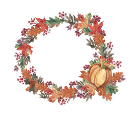 Fototapeta premium Autumn round frame, yellow branches with orange leaves and pumpkin, pumpkin and rowan berries, watercolor illustration isolated on a white background, background for inscriptions
