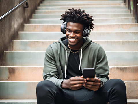 Fit sporty young black man sitting on concrete urban stairs holding phone using mobile apps listening music. Strong African ethnic guy wearing headphones looking at smartphone outdoors