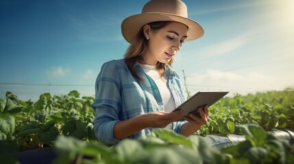 Female farmer uses tablet to check farm production, farmer and technology concept