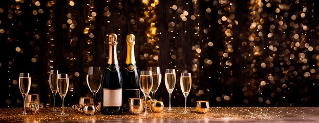 happy new year!a golden bottle of champagne with glasses . Celebrating New Year's Eve, celebration concept. Horizontal background / banner for celebrations and invitation cards, copy space for text