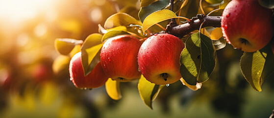 Agriculture fruits apple harvest food photography banner - Closeup of ripe apples on tree branch with leaves. - obrazy, fototapety, plakaty