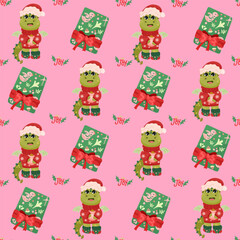 Christmas and Happy New Year seamless pattern with Christmas toys, gifts and sweets. Trendy retro style. Vector design template.