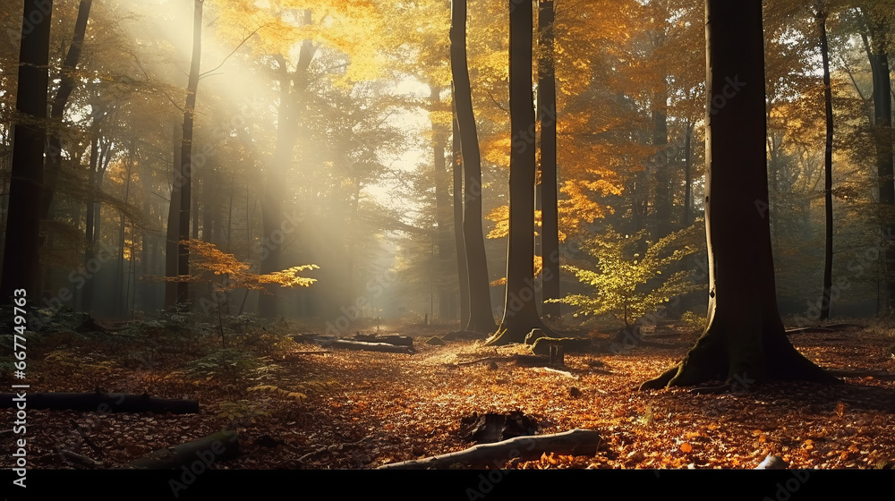 Wall mural Beautiful autumnal forest into the morning light.