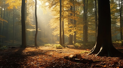 Fototapeta premium Beautiful autumnal forest into the morning light.