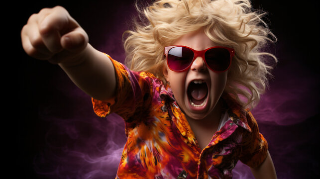 Hyperbole. Boy with blond hair and movement, with sunglasses, extravagant and rebellious, shouting and with one arm extended forward as a symbol of struggle. Studio lighting