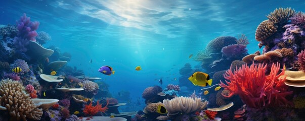 Fototapeta na wymiar beautiful underwater scenery with various types of fish and coral reefs, Generative AI