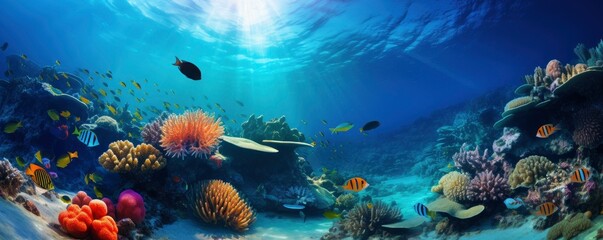 Naklejka na ściany i meble beautiful underwater scenery with various types of fish and coral reefs, Generative AI