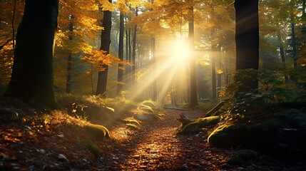 Beautiful autumnal forest into the morning light.