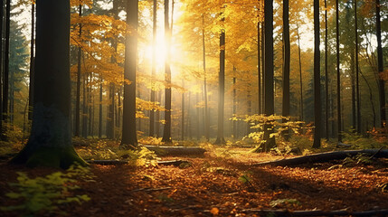 Beautiful autumnal forest into the morning light.