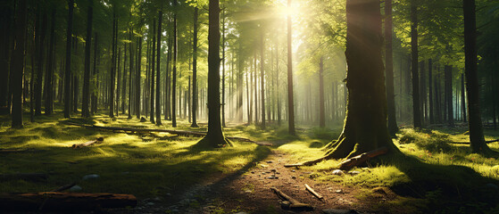 Beautiful forest panorama with large trees and bright sun, wide angle lens.