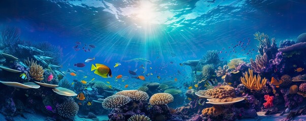 beautiful underwater scenery with various types of fish and coral reefs, Generative AI