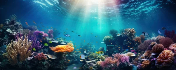 Schilderijen op glas beautiful underwater scenery with various types of fish and coral reefs, Generative AI © kanesuan