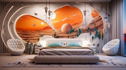 Obraz na płótnie Canvas Futuristisches Schlafzimmer, modern Interior. Zukunftsvision. Generiert mit KI