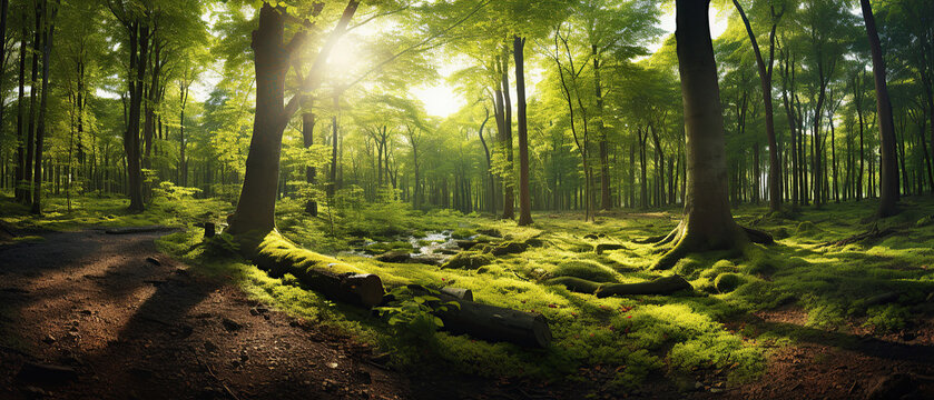 Beautiful forest panorama with large trees and bright sun, wide angle lens.