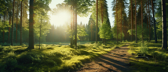 Beautiful forest panorama with large trees and bright sun, wide angle lens. - obrazy, fototapety, plakaty
