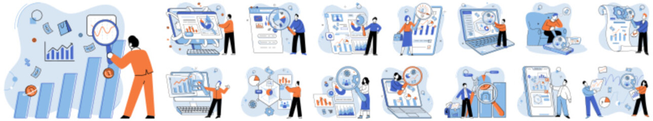 Market research. Vector illustration. Analyzing market trends enables businesses to make informed strategic decisions Thorough research and development foster innovation in market Comprehensive market