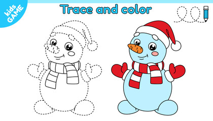 Kids educational game Tracing lines with cartoon snowman in red hat santa claus. Trace and color. Handwriting practice worksheet for baby education. Writing and coloring page for children. Vector.