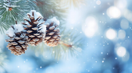 Christmas snowy winter holiday celebration greeting card - Closeup of oine branch with pine cones and snow, defocused blurred background with blue sky and bokeh lights and snowflakes.
