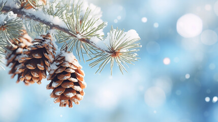 Christmas snowy winter holiday celebration greeting card - Closeup of oine branch with pine cones and snow, defocused blurred background with blue sky and bokeh lights and snowflakes. - obrazy, fototapety, plakaty