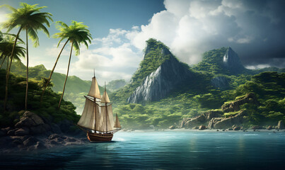 Tropical island with palm trees and anchored sailboat or pirate ship. generative Ai - obrazy, fototapety, plakaty