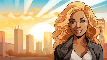 Smiling Teen Black Woman with Blond Straight Hair Comic Book Illustration. Portrait of Casual Person on city background with copy space. Cartoonish Ai Generated Horizontal Cartoon Illustration.