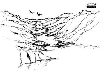 Hand drawn vector illustration. landscape sketch with river on main view vector formats