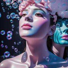 A woman's face surrounded by colorful bubbles