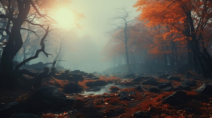 Fairy forest in fog. Fall woods. Enchanted autumn forest in fog in the morning. Old Tree. Landscape with trees, colorful orange and red foliage and blue fog. Nature background. Dark foggy forest.
