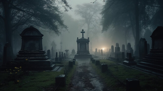 Large Medieval Cemetery Hidden in Misty Dark Stormy Skies in Background