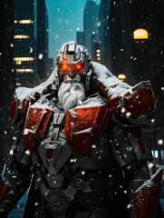 uturistic Santa Claus like a cyborg in a snowy city at night. Funny technological christmas concept.