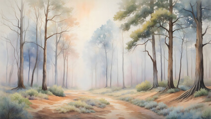 a watercolor painting of a dry tree forest landscape, fog background, pattern