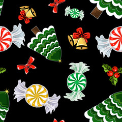 Seamless pattern of spruce, holly, bells and bow, multi-colored candy Digital illustration for various design, decorating background, birthday and party, textile making, printing packaging and covers © susie_p_art