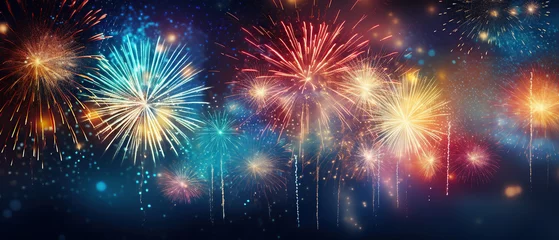 Fotobehang HAPPY NEW YEAR 2024 - Firework New Year's Eve Party festival celebration holiday background banner greeting card - Closeup of colorful fireworks pyrotechnics in the night. © Santy Hong