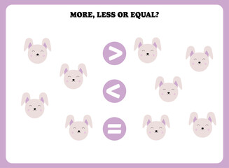 More less or equal. Educational math game for kids. Printable worksheet design for preschool, kindergarten or elementary students. Activity page for children.