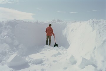 Man with a shovel and huge snowdrift, too much snow. Generative AI