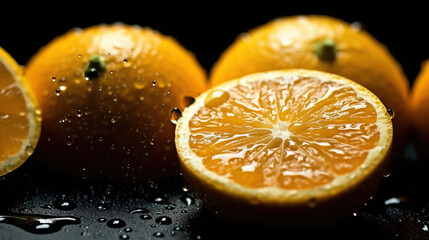 Fresh Oranges with Slices of With Citrus Fruit Water Drops Background Selective Focus