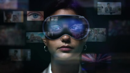 Young Latin American Woman Checking Social Media Posts and Videos on Her Hi Tech Virtual Augmented Reality Glasses. Holographic Screens Appearing in VR Headset. Metaverse. - Powered by Adobe
