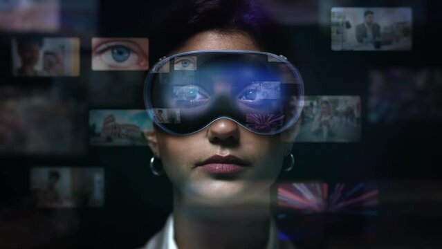 Young Latin American Woman Checking Social Media Posts and Videos on Her Hi Tech Virtual Augmented Reality Glasses. Holographic Screens Appearing in VR Headset. Metaverse.