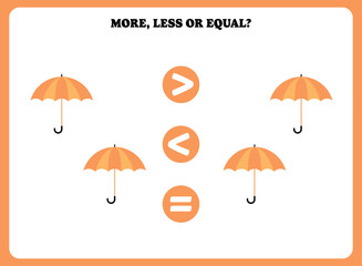 More less or equal. Educational math game for kids. Printable worksheet design for preschool, kindergarten or elementary students. Activity page for children.