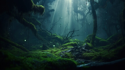 Magic deep forest with moss and fog.