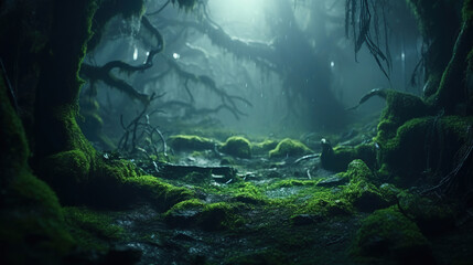 Fototapeta na wymiar Magic deep forest with moss and fog.