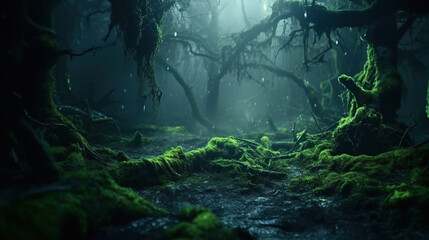Magic deep forest with moss and fog.