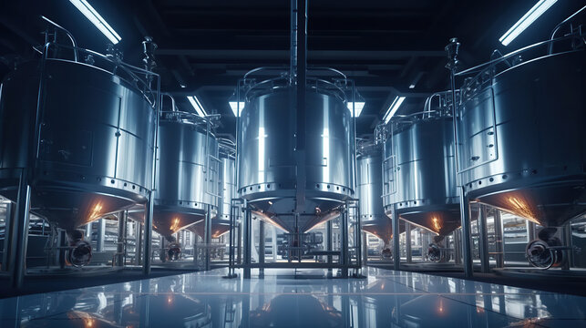 Modern brewery or alcohol production factory, Large steel fermentation tanks in spacious hall.