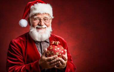 A smiling elderly man with Santa hat shows a christmas decorative ball in her hand