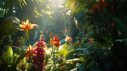 Fototapeta na wymiar Sunrise in jungle rainforest view through tropical palm tree plants and lush fern foliage. Beautiful sunny morning in magic forest. Exotic nature landscape with wonderful majestic scenery.